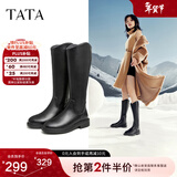 他她（TATA）黑色V口长筒靴女英伦加绒抗寒高筒靴骑士靴冬季G5JA1DG2 黑色（绒里） 39