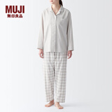 MUJI 女式 无侧缝双层纱织睡衣女士家居服春秋纯棉条纹格纹长袖 女款 浅米色格纹 M (上装160/84A下装160/66A)