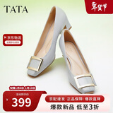 他她女鞋粗跟单鞋真皮方头休闲鞋高跟浅口鞋子7YO01AQ4 兰灰 36