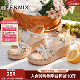 天美意凉鞋女商场同款坡跟编织花朵一字带女鞋COO05BL3 米白 38