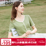 百图betu女装夏季新款T恤法式减龄蕾丝花边V领短袖T恤女2403T19 绿色 M