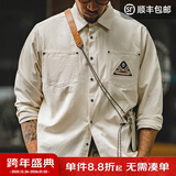 马登工装美式复古长袖衬衫男印第安图腾拼接口袋叠穿纯棉衬衣秋季 米白色 S