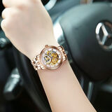 宝茄达（BRIGADA）女士手表机械表防水2026新款名牌镂空自动夜光机械女表情人节送礼 玫壳金色钢带