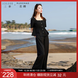 三彩大码女装2025夏季新款仿麻上衣长裤两件套装休闲方领通勤胖MM