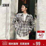森马（Semir）长袖衬衫女春季中长款oversize翻领落肩格纹女生衬衣101125105007