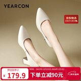 意尔康女鞋粗跟时装鞋浅口套脚高跟鞋工作女单鞋春秋 26906W米白36