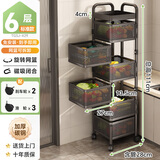 帅仕（shuaishi）厨房置物架落地式旋转蔬菜储物架水果零食收纳筐菜篮子客厅小推车 黑色方形6层【加厚实心钢板】一体免装丨可拆篮