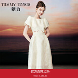 糖力【商场同款】在逃公主裙中长款短袖收腰镂空提花连衣裙女夏季 杏色 S