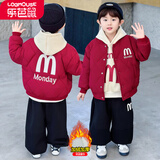 乐芭鼠男童套装冬装三件套儿童衣服加绒加厚秋冬棉衣外套卫衣裤子中小童 红色（棉衣外套+卫衣+裤子） 110 码