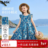 ASK JUNIOR童装儿童裙子女童夏装纯棉透气连衣裙青少年碎花裙公主裙 蓝色