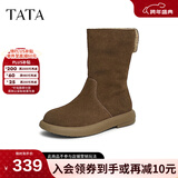 他她（TATA）加绒明星同款小熊靴棕色西部靴女短靴堆堆靴时装靴CGY01DS4 啡色（仿毛里） 37