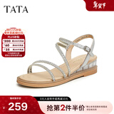他她（TATA）绝美坡跟凉鞋女外穿一字带时装凉鞋秋季新款7UA03BL4 银色 34