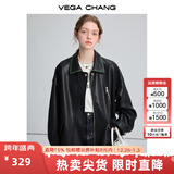 VEGA CHANG黑色皮衣女2026春宽松显瘦机车风pu皮短外套 松绿黑 L