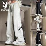 花花公子（PLAYBOY）裤子男士夏季薄款宽松休闲直筒条纹美式春秋高街运动卫长裤 904灰色【常规】 XL （建议120-140斤）
