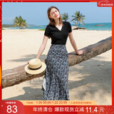 三彩2025夏季新款碎花半身裙高腰开叉雪纺A字裙浪漫长裙清新M