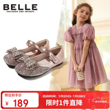 百丽童鞋女童皮鞋公主鞋小女孩水晶鞋春秋单鞋表演鞋 粉色25码