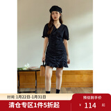 独束大码女装 腰部松紧抽褶设计 辣妹甜酷短款牛仔连衣裙女夏新款 黑色 L