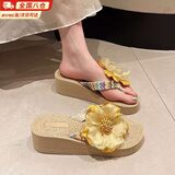 梵昇昱凉拖鞋女仙女风坡跟人字拖时尚草编花朵厚底田园度假海边沙滩女鞋 坡跟沙滩鞋女【黄色小花】 37 跟高5cm