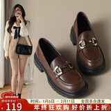 ZHR乐福鞋女软底百搭圆头小皮鞋子女英伦风粗跟女鞋 OFTEP06 棕色 37