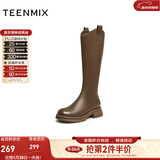 天美意靴子女商场同款时装靴休闲女高筒靴女鞋 啡色（薄绒） 37