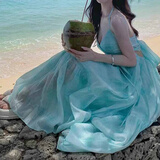 巧丂薄荷曼波海边度假氛围感沙滩裙设计感挂脖连衣裙仙女气质大摆裙子 湖水绿 S
