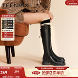 天美意靴子女商场同款时装靴休闲女高筒靴女鞋 黑色（薄绒） 39