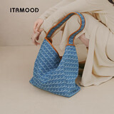 妙迪慵懒轻便大容量软牛仔宽肩带千鹿纹托特包休闲帆布单肩腋下包包女