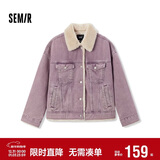森马（Semir）牛仔外套女拼接仿兔毛翻领宽松港风冬季落肩夹棉夹克103724108001