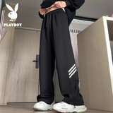 花花公子（PLAYBOY）裤子男士春秋季新款宽松休闲直筒条纹美式夏天高街运动卫长裤 904黑色【常规】 XL （建议120-140斤）