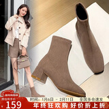 ZHR袜靴2025冬新款高跟鞋女洋气小短靴加绒保暖瘦瘦靴子女Y382卡其37