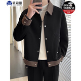 轩森图春秋季男士轻熟风夹克外套男款宽松大码拼接撞色上衣胖子显瘦搭配 jk505黑色夹克 XL (175) 建议140-160斤