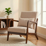 阿拉蕾 北欧实木单人沙发椅简约现代风小户型布艺休闲客厅阳台卧室椅子 卡其色【棉麻】胡桃色木架