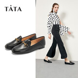 他她（TATA）方头乐福鞋女休闲平底一脚蹬小皮鞋女单鞋春秋款FLC22AM4 黑色 36