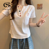 COMIC SOUL短袖t恤女设计感夏季2025新款女装修身显瘦休闲V领 白色[螺纹亲肤面料] L （100-115斤）