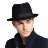 7PM男士礼帽男羊毛呢子绅士帽秋冬英伦爸爸中老年人爵士帽子青年毡帽 黑色 常规(56-58CM)可调节