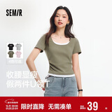 森马（Semir）短袖t恤女短款假两件百搭上衣25夏装显瘦U领套头衫109325100015