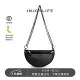 INJOYLIFE复古马鞍包通勤休闲流浪包双链条包斜挎包包半圆子母包 黑色