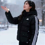 阿迪达斯（adidas）羽绒服男装女装 2025冬季新款户外运动防风保暖连帽休闲加厚外套 黑色三条纹/绒子含量80% M 【建议体重120斤-140斤】