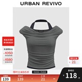 UR七夕2025秋季新款女装简约气质一字领挂脖褶皱短袖T恤UWJ450133 深灰花灰 L