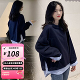 婧麒孕妇装春秋宽松卫衣时尚假两件T恤长袖外出打底上衣孕妈装 藏青色 M