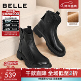 百丽（Belle）复古擦色时装羊皮靴女2025冬新商场同款真皮粗跟短靴E5S1DDD5 黑色-绒里 34 (220mm)
