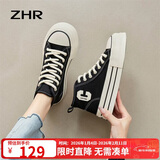 ZHR帆布鞋女经典厚底高帮休闲鞋女轻便透气圆头女鞋 CS32 黑色 35 
