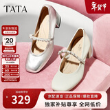 他她TATA女鞋甜心玛丽珍鞋高跟粗跟小皮鞋羊皮单鞋子7ACC1CQ4米白 39