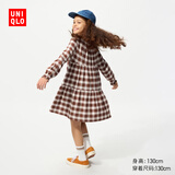 优衣库童装女童格子连衣裙/长袖田园风裙子481492 24 亮橙色 150