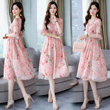 淳咪娜 女装连衣裙女夏中长款新品短袖女修身沙滩裙钉珠气质女裙显瘦 粉底小粉花 2XL - 建议126-158斤