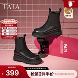 他她（TATA）英伦风切尔西靴女显瘦加绒厚底烟筒靴时装靴冬新GXB01DD4 黑色（绒里） 35