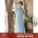 茵曼（INMAN）法式薄荷曼波连衣裙2024夏女装新品V领灯笼袖抽绳 绀蓝色 S
