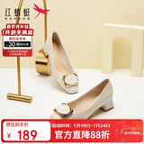 红蜻蜓秋冬女士粗跟小香风皮鞋职业通勤妈妈鞋高跟鞋WFB31540 米白色 38