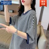 莫代尔短袖t恤女夏装2026新款宽松休闲百搭韩版女条纹T恤中长款上衣 MX-11-1056 蓝色 L 适合121140斤