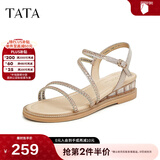 他她（TATA）绝美坡跟凉鞋女外穿一字带时装凉鞋秋季新款7UA03BL4 金色 35
